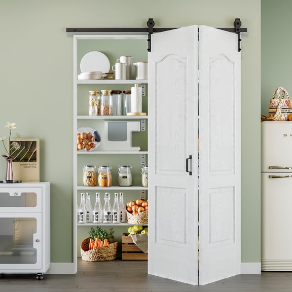 60'' x 84'' 2-Panel Molded Bifold Barn Doors and Hardware Included, White Smooth Paintable Solid Core Panels & Bi-fold Barn Door Hardware Kit