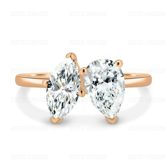 ESTE ORIGIN 2.00Ct Pear & 2.00Ct Marquise Moissanite Toi et Moi Cathedral Ring in 14K Rose Gold for Women