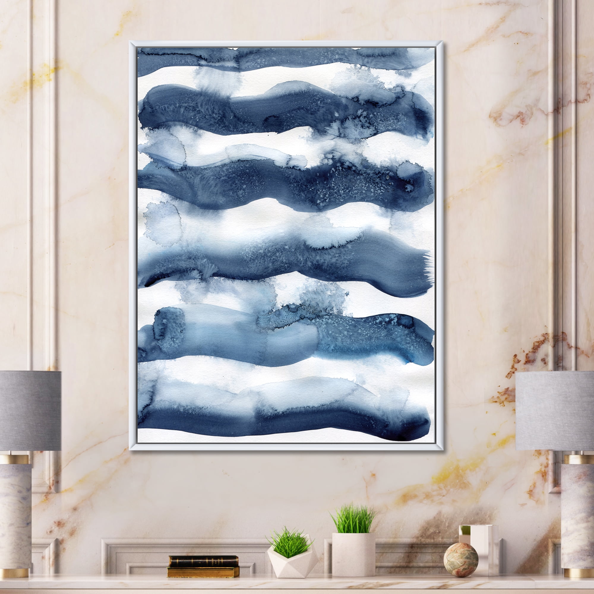 Designart 'Abstract Blue Classic Waves' Modern Framed Canvas Wall Art Print