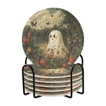 Yayeee 6 PCS Drink Coasters with Holder Set Woven Absorbent Round Tabletop Hot Pad, Ghost In Strawberry Fields
