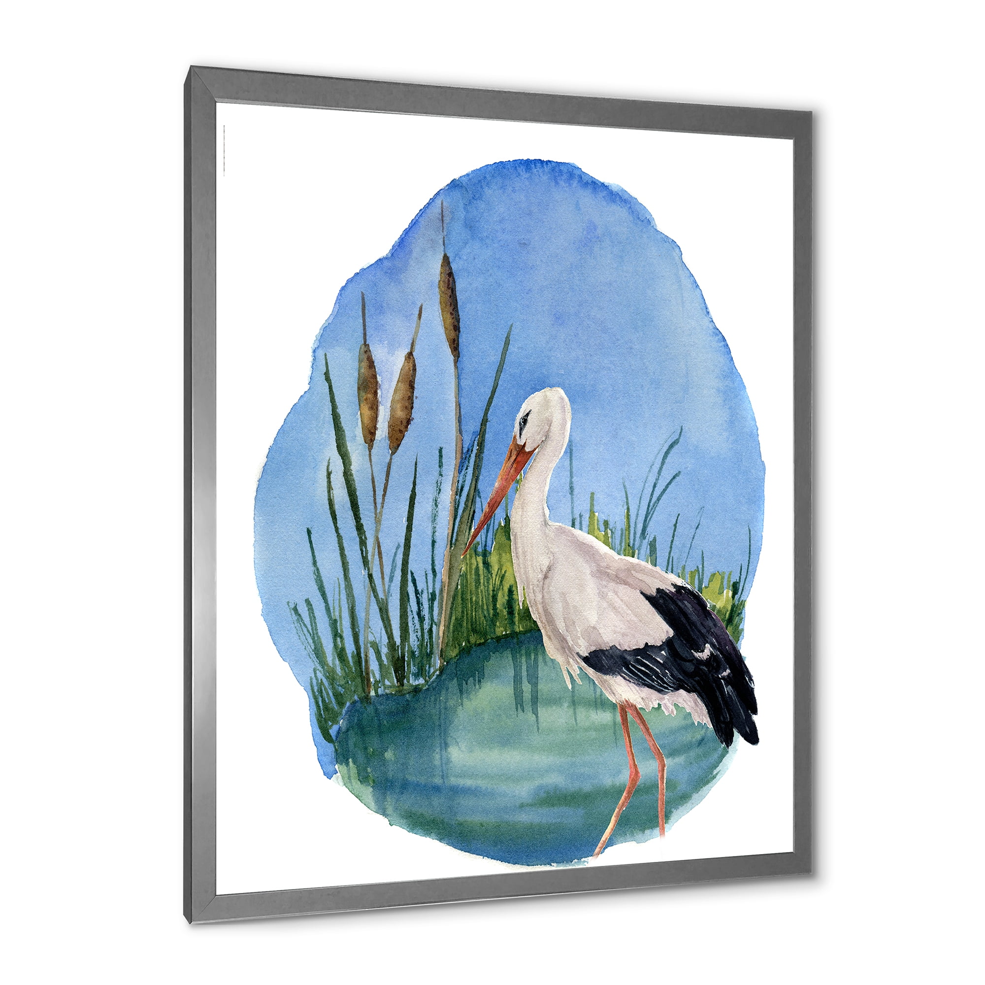 Designart 'White Stork On The Swamp Blue' Traditional Framed Art Print