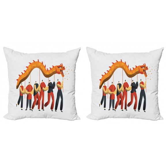 Dragon Throw Pillow Cushion Cover Pack of 2, Joyous Men in a Dance Parade Holiday Ceremony Concept Ethnic Chinese, Zippered Double-Side Digital Print, 4 Sizes, Marigold and Multicolor, by Ambesonne