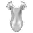 thumbnail image 6 of Yartina Women's Ballet Dance Gymnastic Leotard Shinny Metallic Leather Short Sleeve Bodysuit Gym Wear Silver L, 6 of 7