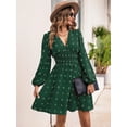 thumbnail image 1 of V Neck Clip Dot Shirred Waist Long Sleeve Dress Above Knee Length, 1 of 3
