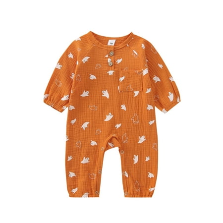

Bagilaanoe Newborn Baby Girl Halloween Jumpsuit Ghost/Pumpkin Print Long Sleeve Bodysuit 3M 6M 12M 18M Infant Casual One Piece Rompers