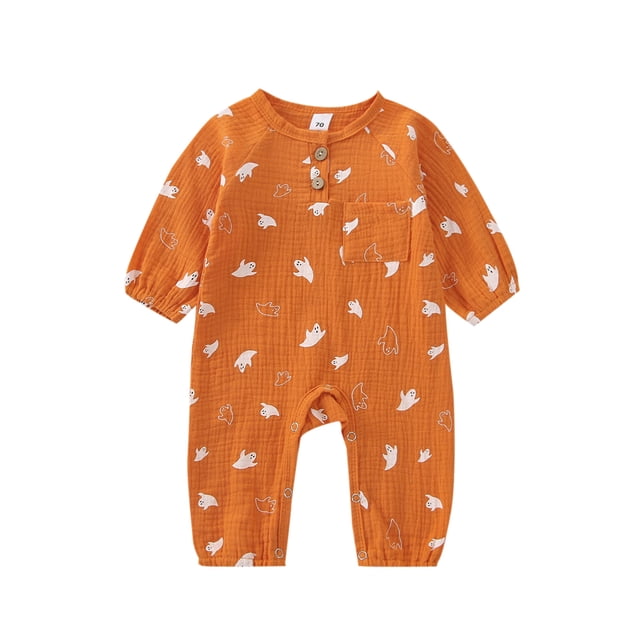 ZAXARRA Combinaison Bébé Fille Halloween Décontractée Manches Longues Col Rond Imprimé Citrouille Fantôme Bouton Mignon Vêtements d'Automne
