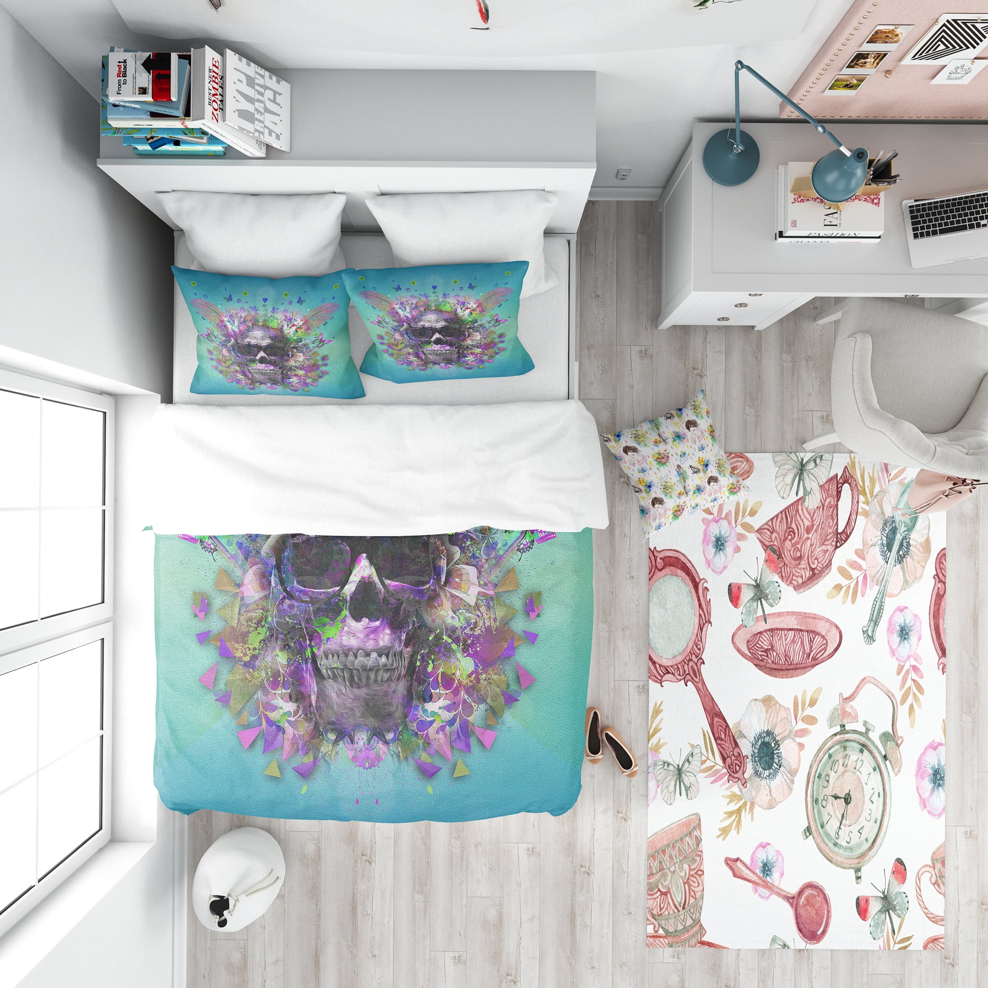 Designart 'Skull with Glasses and Butterflies' Modern Teen Duvet Cover Set