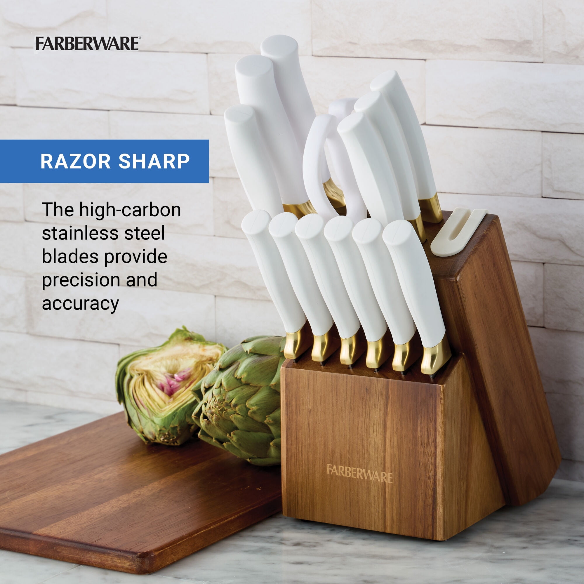 Farberware Edgekeeper Classic 14-Piece Knife Block Set with Built-In Knife Sharpener, White