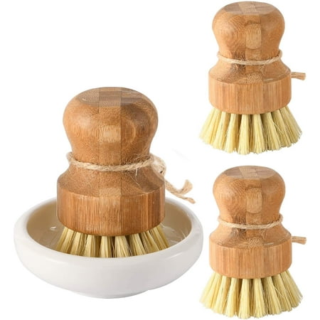 

Bamboo Dish Scrub Brushes Kitchen Wooden Cleaning Scrubbers Set for Washing Cast Iron Pan/Pot Natural Sisal Bristles Set of 3