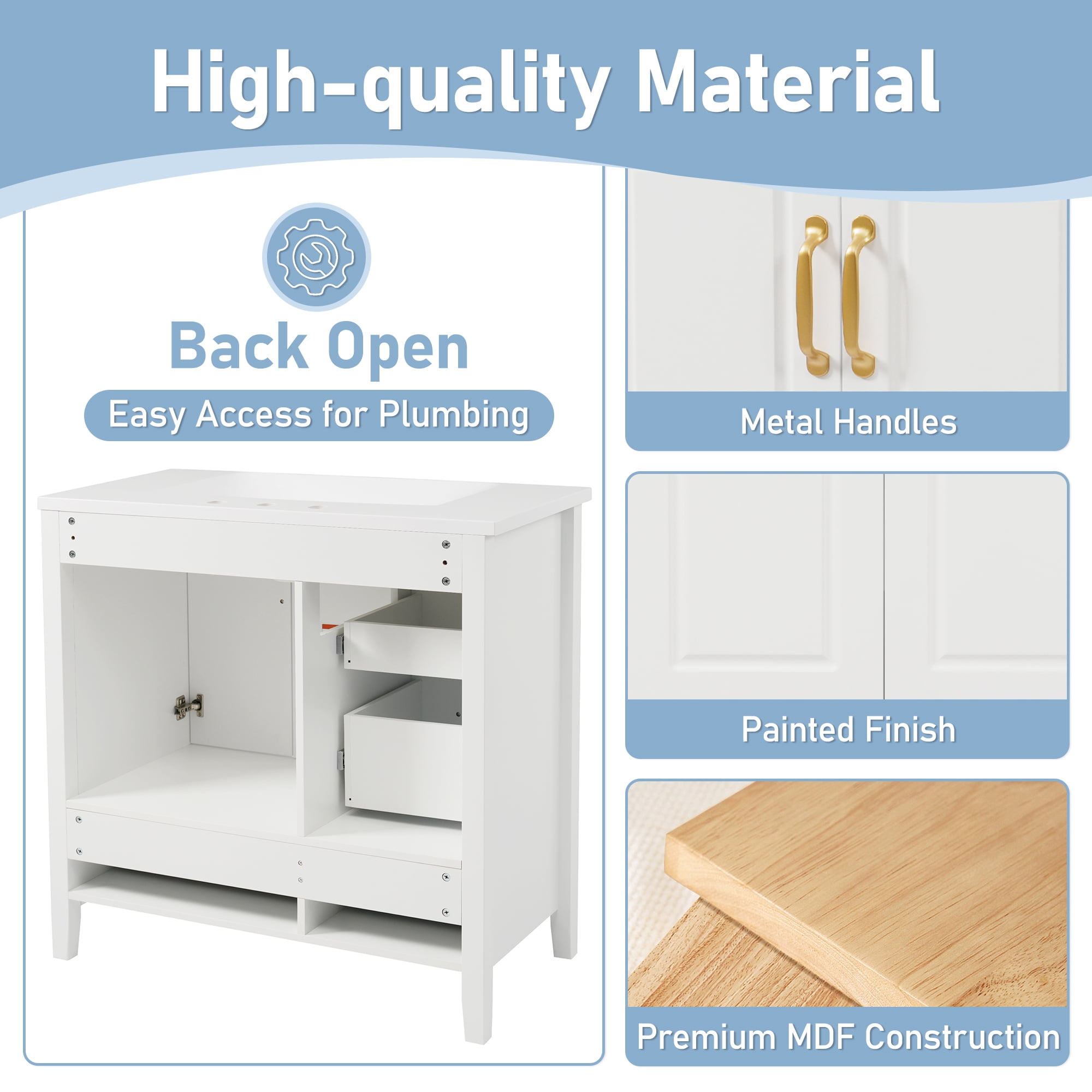 Euroco 36-Inch Freestanding Bathroom Vanity with Resin Sink, Soft-Close Drawers and Cabinet, Gold Handles, Open-Back Design