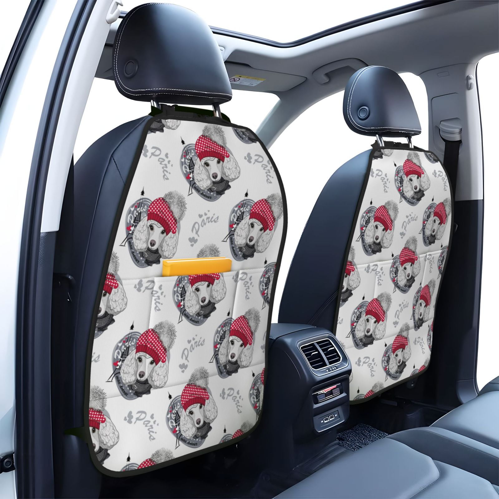Xecao Cute Poodle Dog Pattern Car Seat Back Protector 2 Pack Large Capacity Pocket, Kick Mats Back Seat Protector