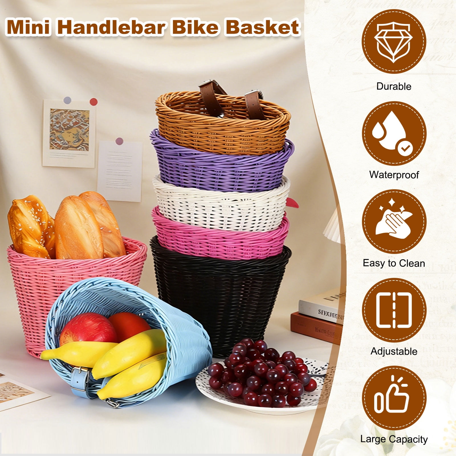 Uxcell Bike Basket Front, Hand-Woven Bicycle Basket with Adjustable PU Belts 1 Pack & Black-Fitting For(Most Road Bikes, Bicycles/Scooters)