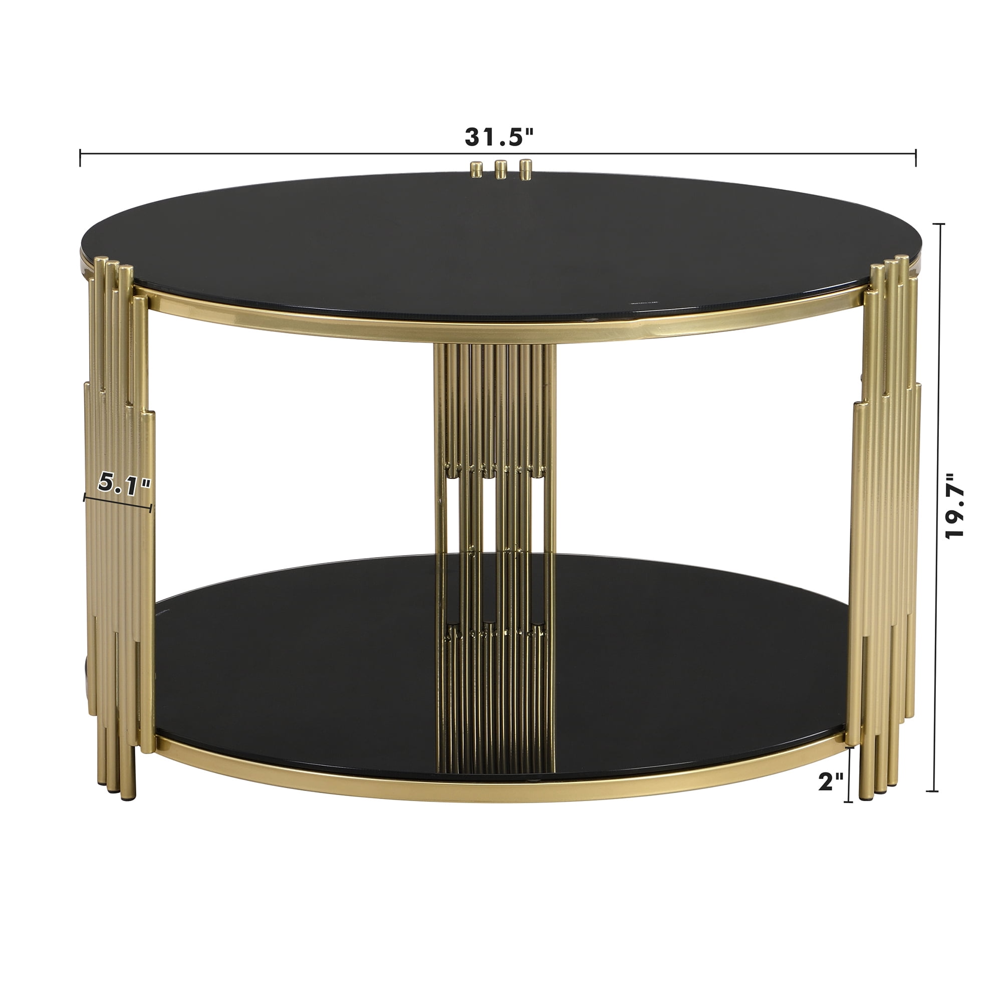 EUROCO 31.5" Round Coffee Table,Modern Tempered Glass Tea Table with Metal Base,Gold Finish and Lower Shelf,2 Tier Circle Dining Table for Study Room Reception Room,Black