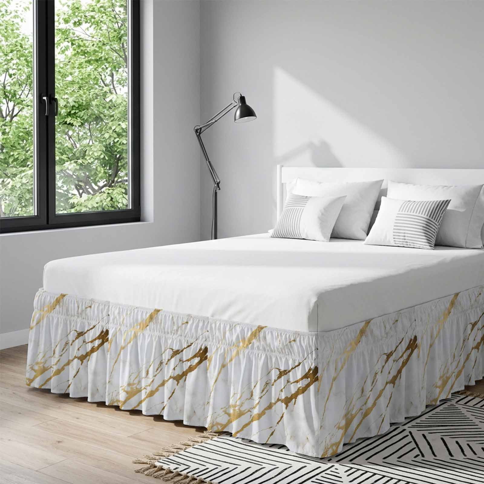 White Gold Modern Bed Skirt Queen Size, Abstract Vintage Marble Geometric Wrap Around Bed Skirting with Adjustable Elastic Strap, Dust Ruffle Pleated Bedskirts 18 Inch Drop for Bedroom Queen Beds