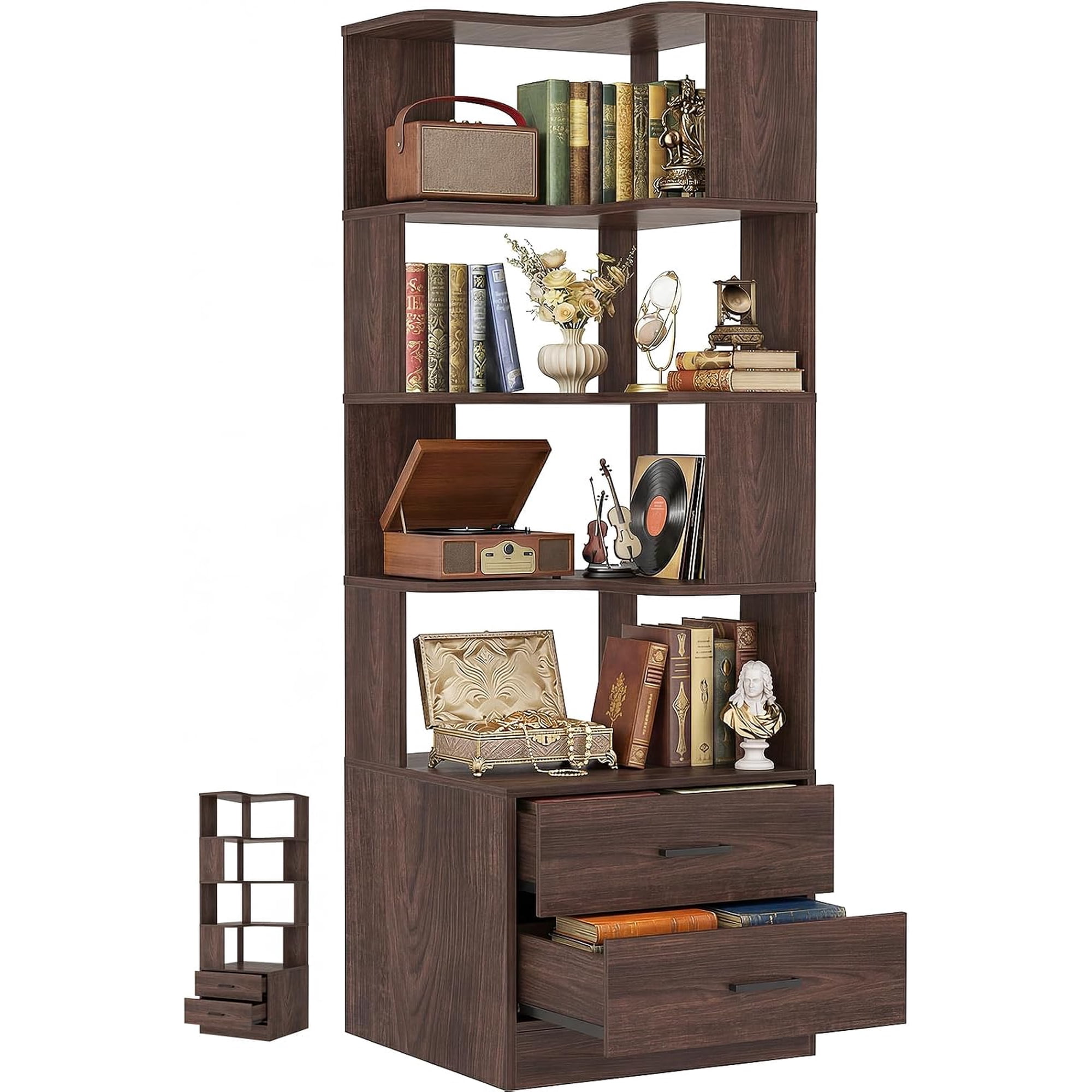 Corner Bookshelf with Drawers Small Corner Shelf with Drawers | L Shaped Book Shelves with Drawers 7-tier Bookcase for Bedroom Storage Living Room Home Office Pantry Black Walnut