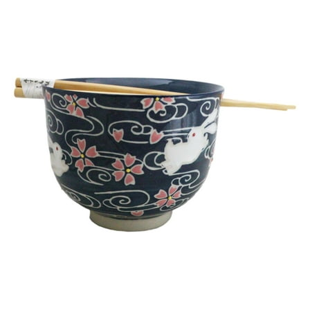 White Rabbit With Sakura Blossoms Ceramic Donburi Ramen Bowl With Chopsticks Set