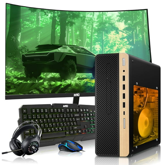 Restored HP Half Light Gaming PC Desktop Computer – AMD Pro A10-9700,GT 1030 Graphics,8GB RAM,256GB SSD,32 Inch Curved Monitor,RGB Keyboard with AI Copilot,Mouse,WiFi,RGB Headphone,Windows 11