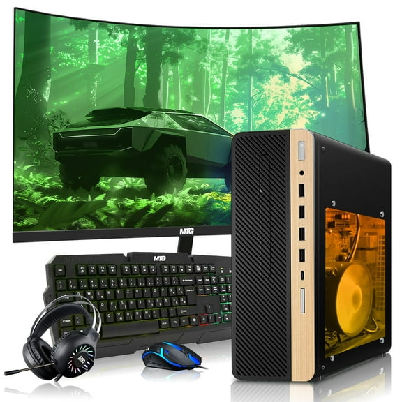 Restored HP Half Light Gaming PC Desktop Computer – AMD Pro A10-9700,GT 1030 Graphics,8GB RAM,1TB SSD,32 Inch Curved Monitor,RGB Keyboard with AI Copilot,Mouse,WiFi,RGB Headphone,Windows 11