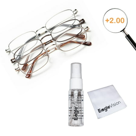 Optx 20/20 Alloy Reading Glasses (Pack of 3) with Eagle Vision Lens Cleaning Kit (2.00)