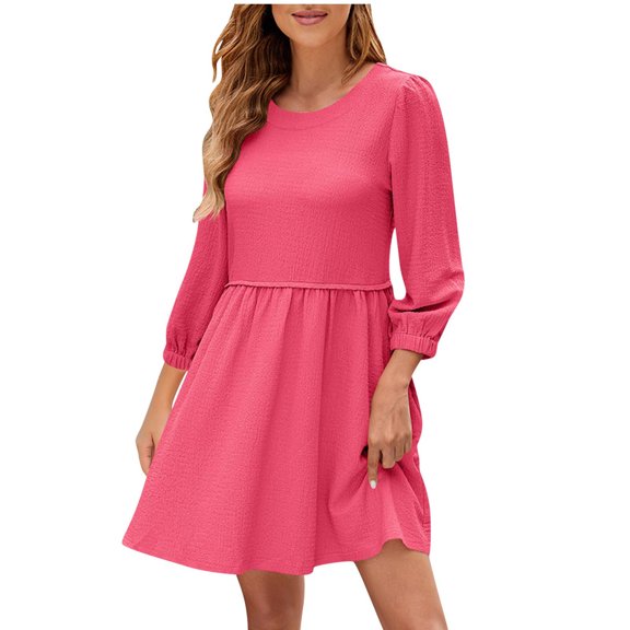 ZHYou Womens Dresses 3/4 Sleeve Textured A-Line Mini Dress Crew Neck Solid Color Smocked Waist Casual Comfy Dresses,Pink,L