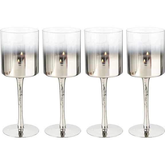 Baby Ombre Long Stem Goblet Candle Holders, Set of 4, Silver Clear, Lacquered Glass, 9.75 Inches Tall