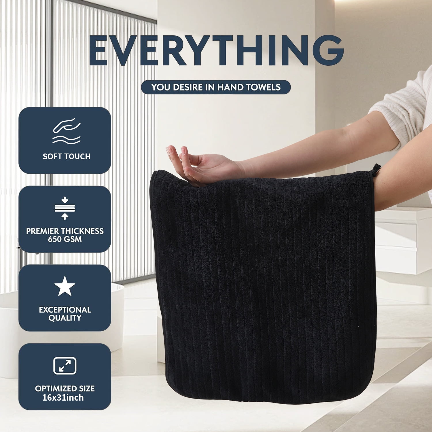 Covina Home 12 Pack Black Hand Towel Set, Oversized Ultra Soft Microfiber Bathroom Bath Hand Towel Set Adult Luxury Lightweight Cozy Collection