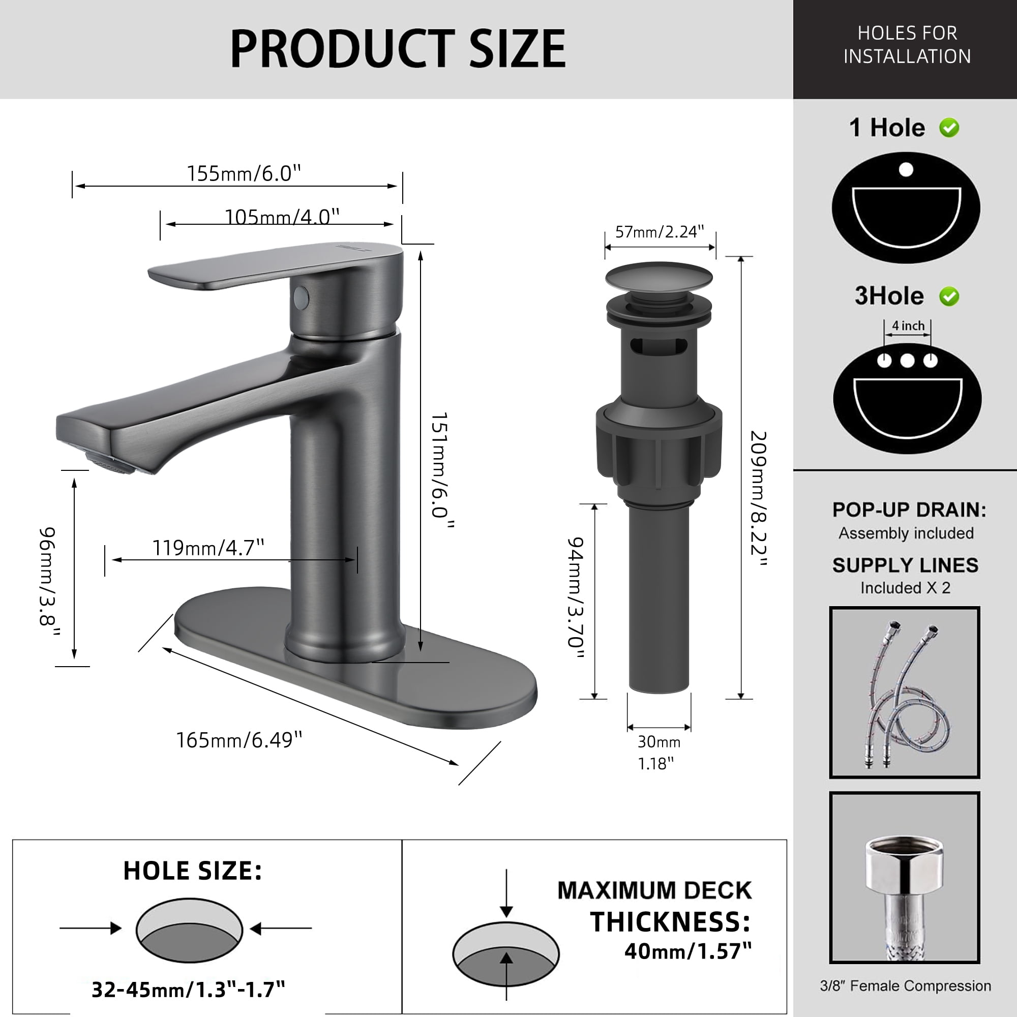 BELZ Gunmetal Waterfall Bathroom Sink Faucet, Single Handle Lavatory Faucet for 1 or 3 Hole Vanity with Deck Plate and Pop-Up Drain