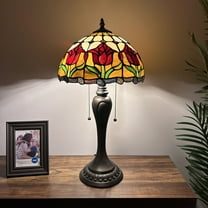 Tiffany Table Lamp  Stained Glass Red Tulips LED Bulbs Included For Living Room Bedroom Bedside 12"W*12"D*22"H