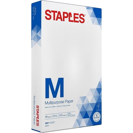 Staples Multipurpose Laser Inkjet Copy Paper, 8 1/2 Inch x 14 Legal Size, 20 lb., 96 Bright White, ColorLok, Ream, 500 Total Sheets (562787)