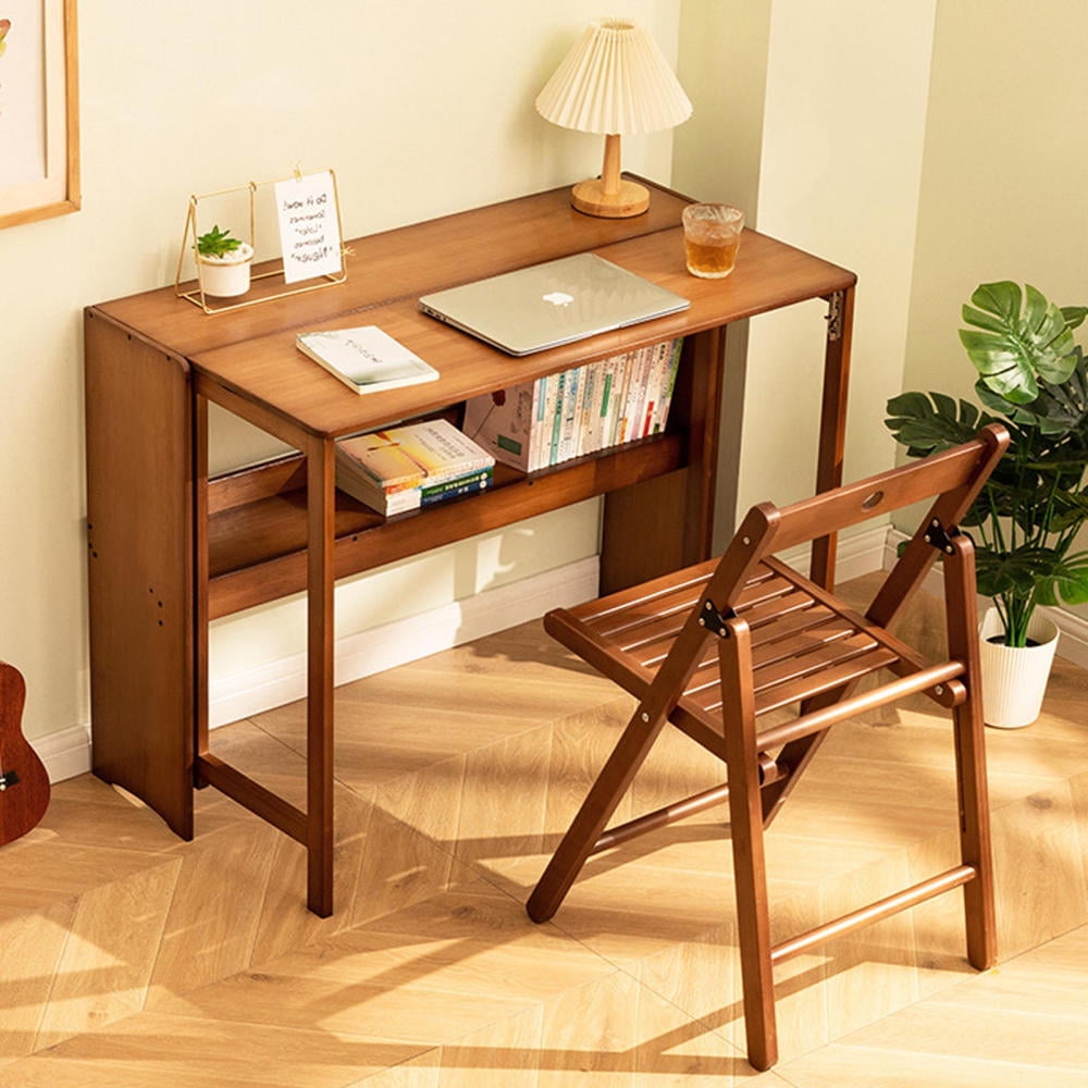Bamboo Folding Desk, Space-Saving Workstation with Bookshelf for Home Office and Small Apartments (Brown)