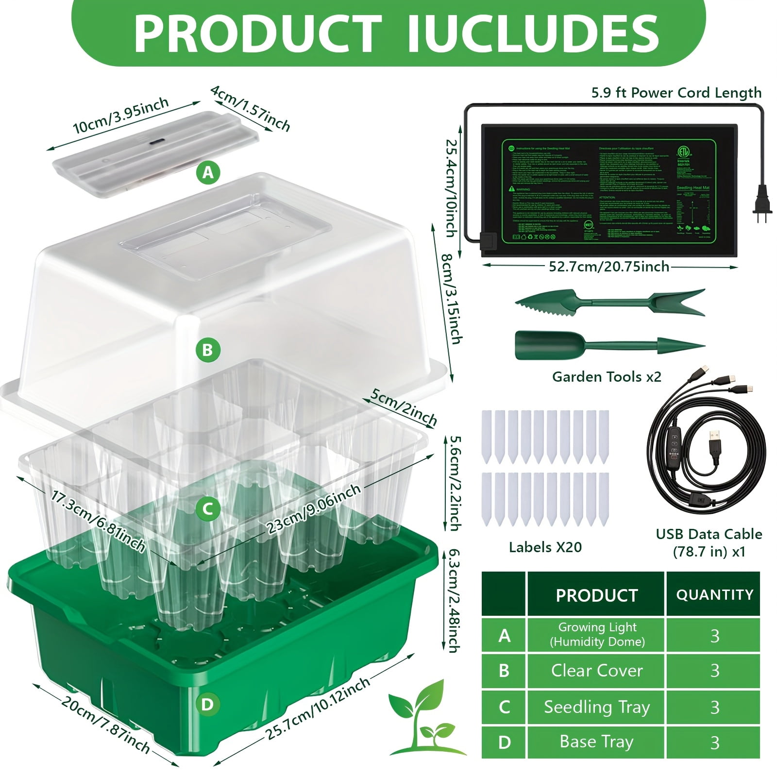 3-Pack Seed Starter Tray with Grow Light And Heat Mat, 36 Extra Large Cells Seed Starter Kit with Adjustable Humidity Dome And Base, Germination Kit for Seed Growing Plant Propagation