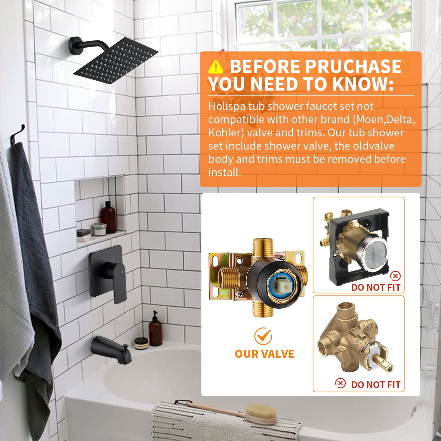 Black Tub Shower Faucet Set Complete with 8-Inch Rainfall Shower Head and Tub Spout Included Shower Valve Tub Shower Trim Kit Matte Black