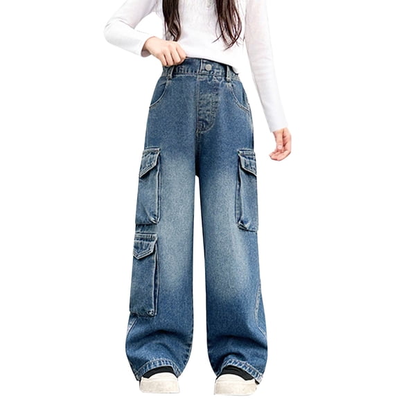 CPNG Teen Girls Solid Color Baggy Leg Wide Leg Denim Pants Trendy Loose Casual Denim High Waist Cargo Pants(Blue,11-12 Years)