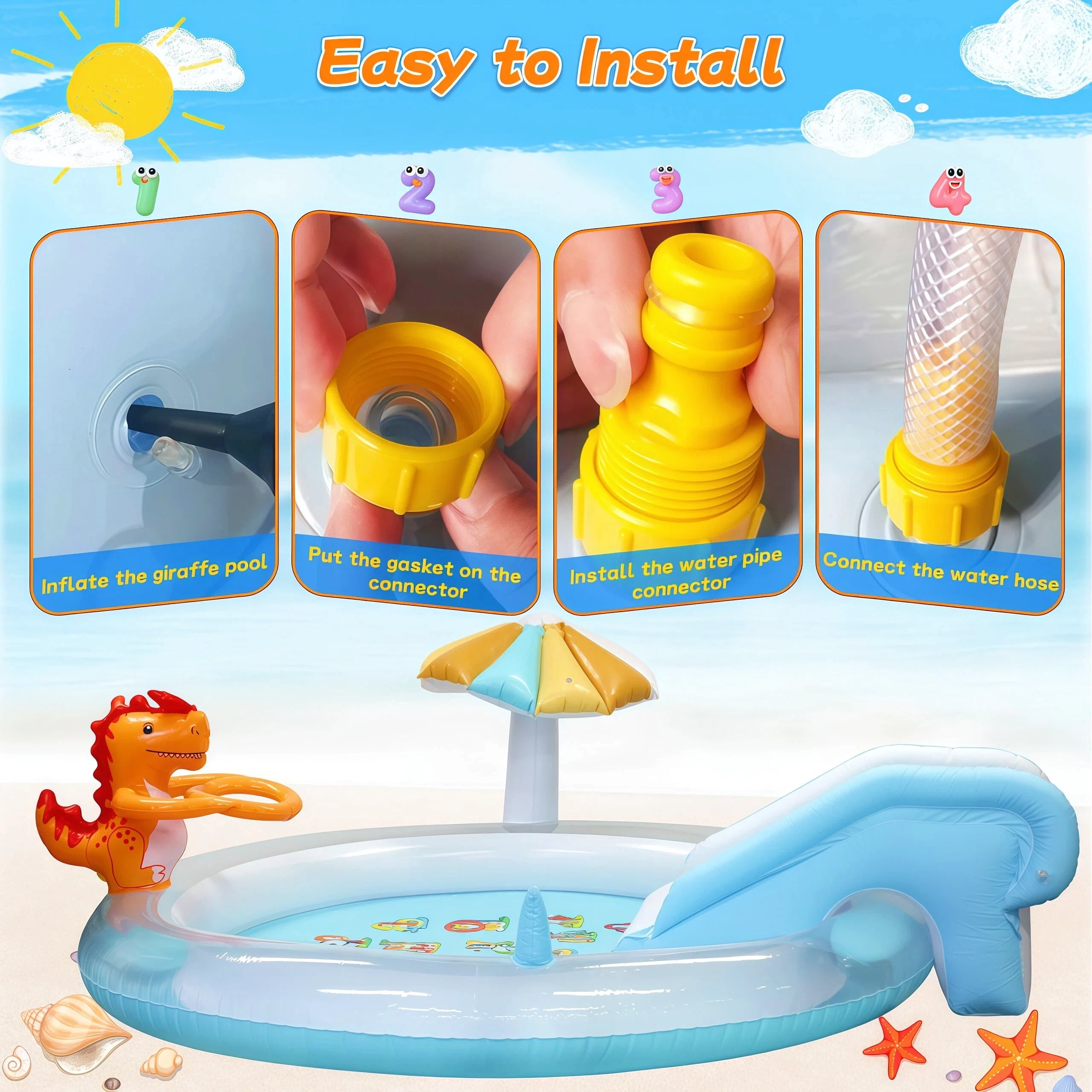 Teblint Dinosaur Inflatable Pool, 75" x 75" x 7.4" Sprinkler Swimming Pool, Spray Kiddie Pool, Play Center Water Toys for Backyard Lawn, Above Ground, Outdoor