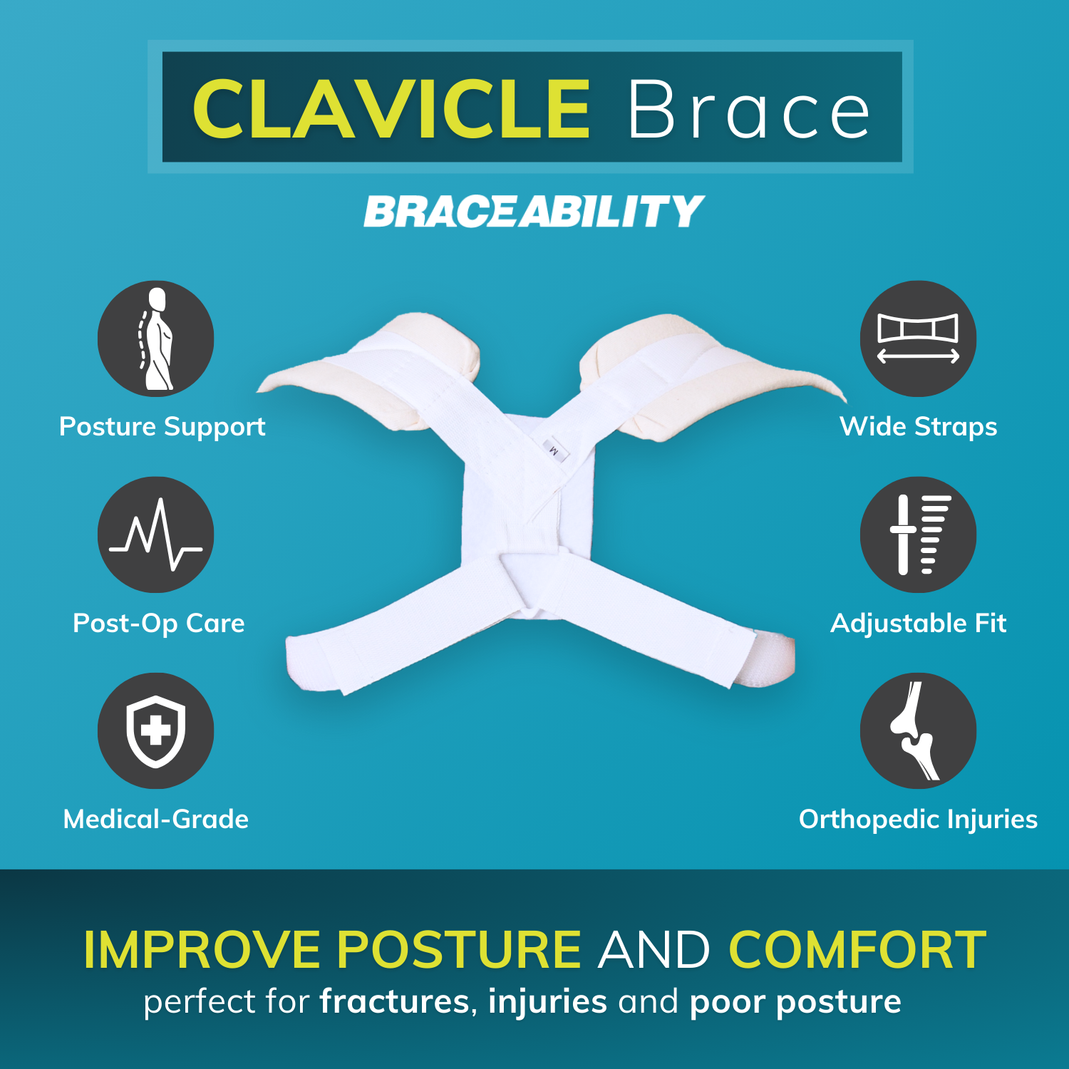 BraceAbility Posture Corrector Brace for Men and Women, Figure 8 Clavicle Support, White, Medium