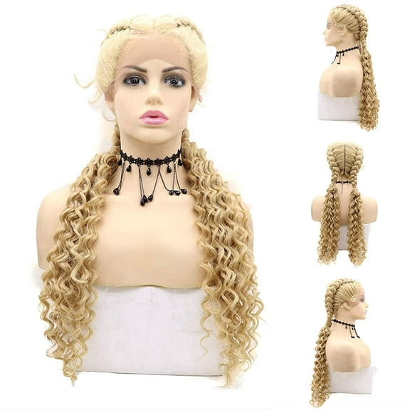 Blonde Double Braids Loose Curly Synthetic Lace Front Wigs with Baby Hair 30 Inches for Women Braiding Wig
