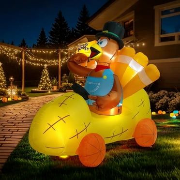 SPECSTAR 6ft Long Thanksgiving Inflatable LED Lighted Turkey Driving Corn Car Blow up Outdoor Lawn Yard Decoration
