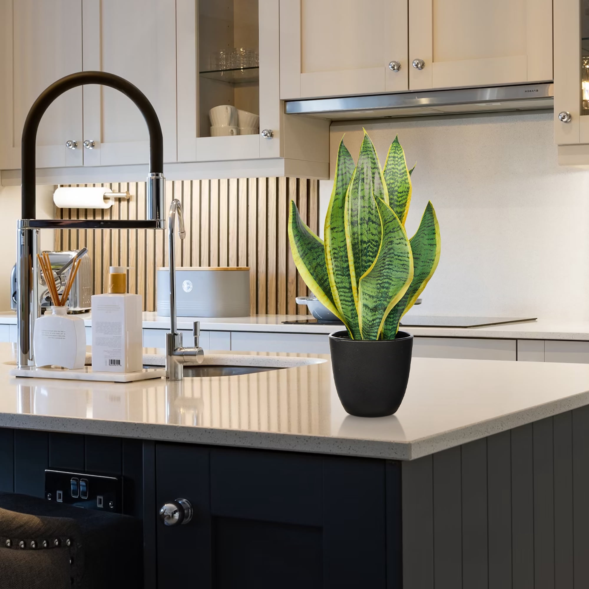 16Inch Small Artificial Snake Plants Fake Sansevieria Faux Decorative Tropical Plants Potted Desk Table Top Decor outdoor