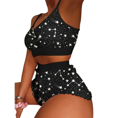 

Glonme Women Nightwear 2 Pieces Outfits Lounge Set Cami Top And Shorts Sleepwear Sleep Buttons Decor Pajamas Sets Casual Scoop Neck Star Print L