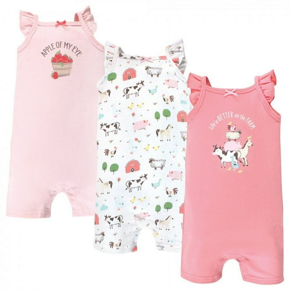 Hudson Baby Infant Girl Cotton Rompers, Girl Farm Animals, 0-3 Months