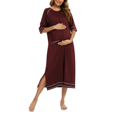 

Lumento Women Pajamas Zipper Front Nightgown Full Length Lounge Dress with Pockets