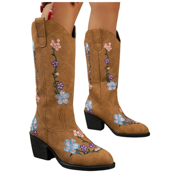 Fall Flower Wide Calf Cowboy Boots for Women 2025 Winter Vintage Floral Embroidered Mid Heel Cowgirl Dress Booties