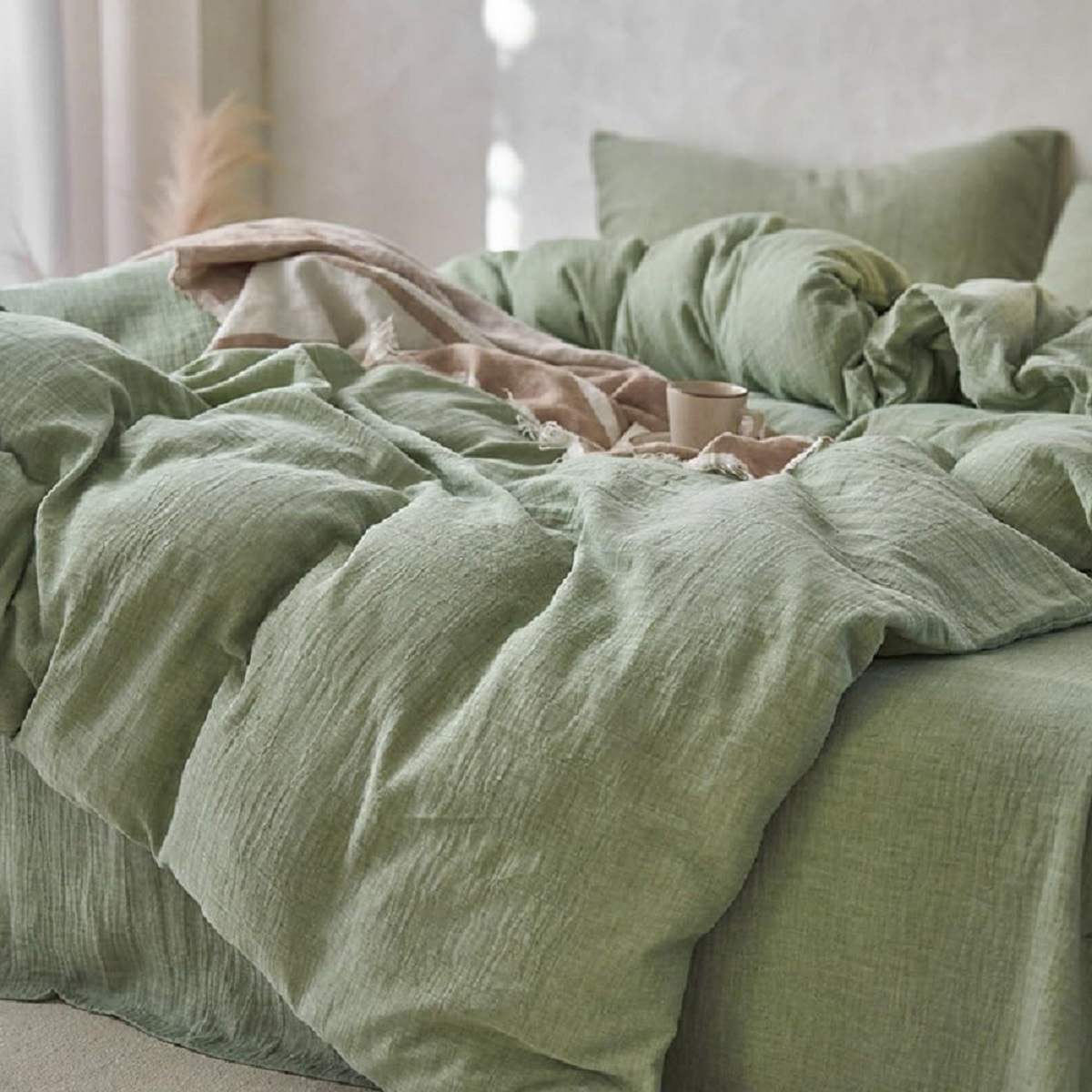 Muslin Duvet Cover Set 100% Cotton King Size Double Layer Linen Like Gauze Comforter Cover Solid Green