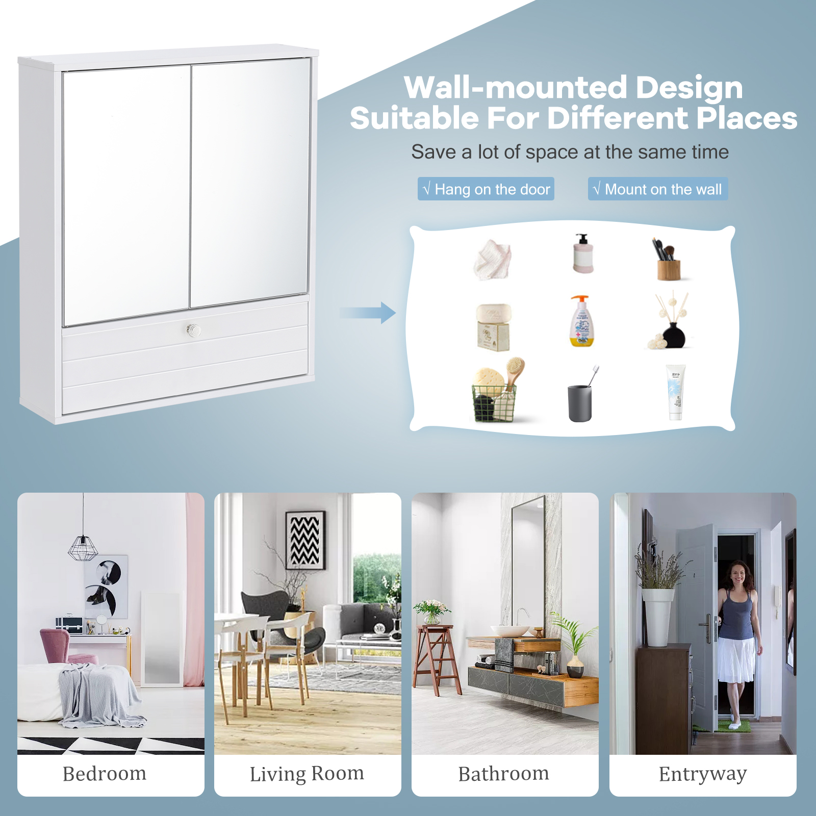 Costway Bathroom Cabinet Medicine Cabinet Double Mirror Door Wall Mount Storage Wood Shelf White