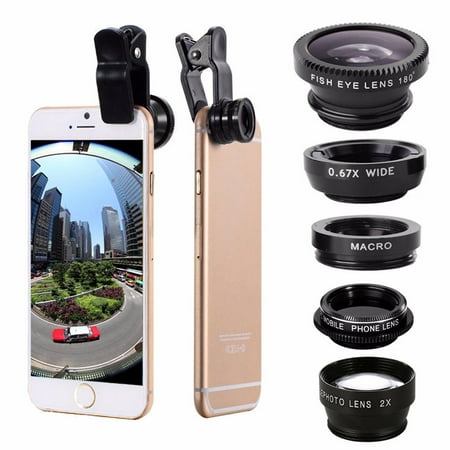 5in1 Camera Lens Kit Fish Eye + Wide Angle + Macro + CPL + 2.0X Telephoto Lens for iPhone X, 8 7 6S 6 / Plus, for Samsung Galaxy Note 8 S9/S8/S8 Plus/S7 Smart (Best Wide Angle Lens For Iphone 6)