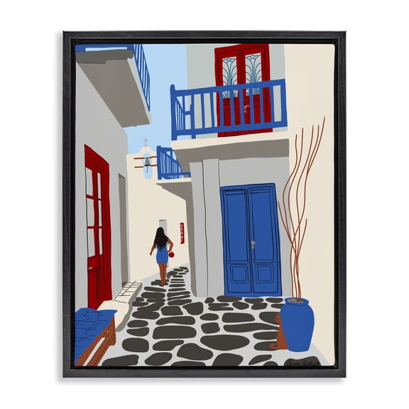 Stupell Industries Mid-Century Mykonos City Alley Black Floating Frame Canvas Art, 17 x 21, by Carrie Cantwell