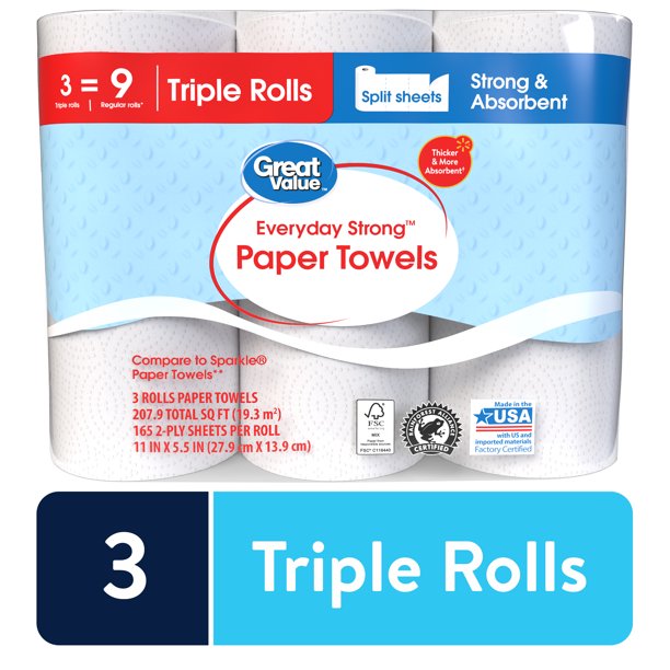 Great Value Everyday Strong Paper Towels, Split Sheets, 3 Triple Rolls