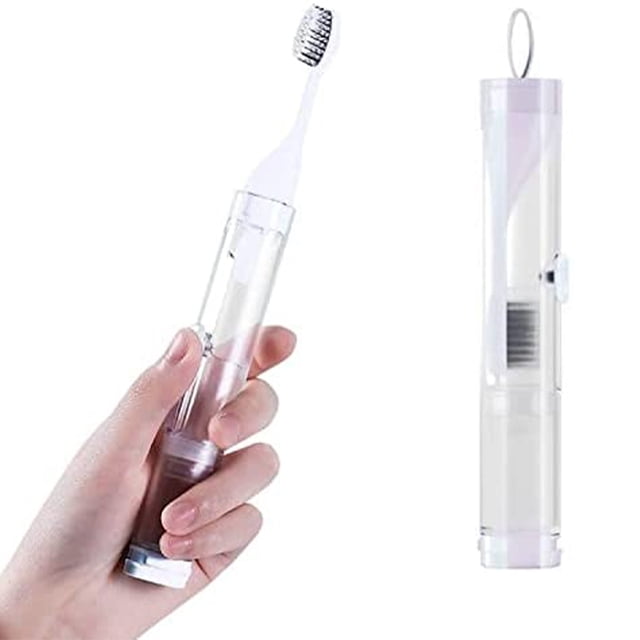 Cepillo de dientes de viaje con estuche incorporado para pasta de dientes, mango plegable, cerdas suaves, blanco/azul cielo, juego de 1 pieza, con cepillo de limpieza