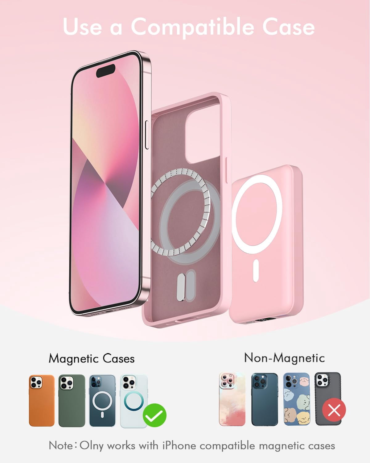 Podoru Wireless Portable Charger, 10000mAh Magnetic Power Bank LED Display 22.5W PD Fast Charging Battery Pack for iPhone 16/15/14/13/12/Mini/Pro/Pro Max-Pink