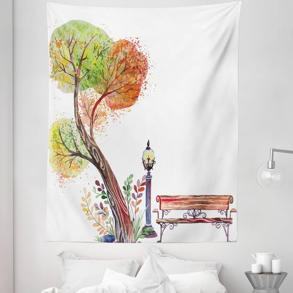 Fall Tapestry, Autumn Day in the Park with Fall Leaves and Trees Hand Drawn Style Vintage Picture, Fabric Wall Hanging Decor for Bedroom Living Room Dorm, 5 Sizes, Green Brown, by Ambesonne